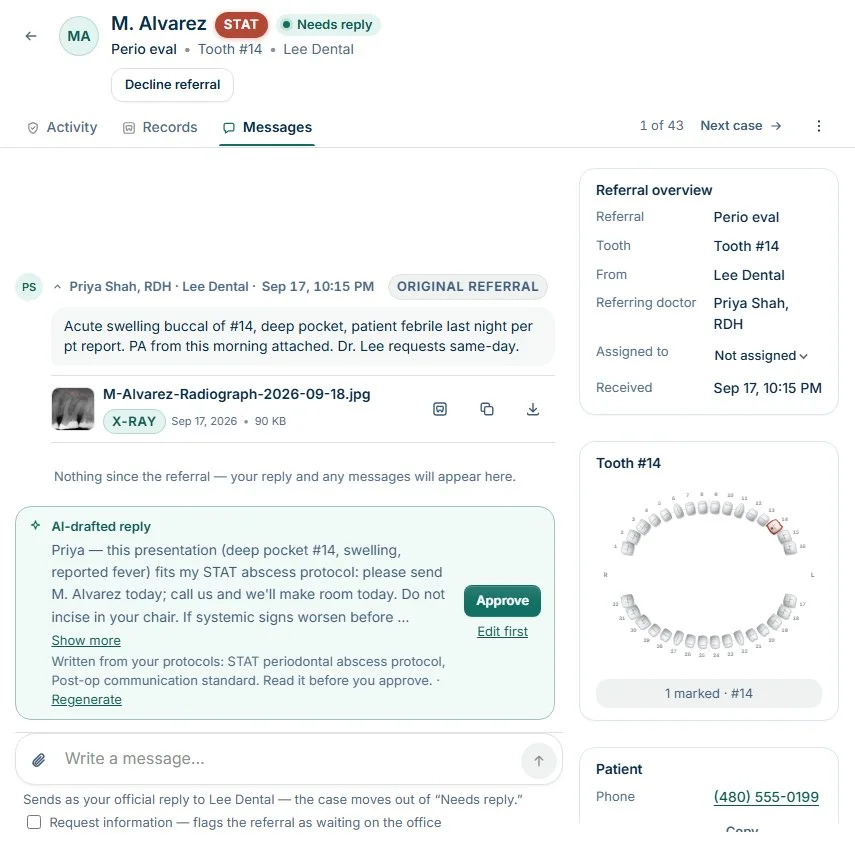 Relay’s specialist workspace showing a demo referral and reply for approval.