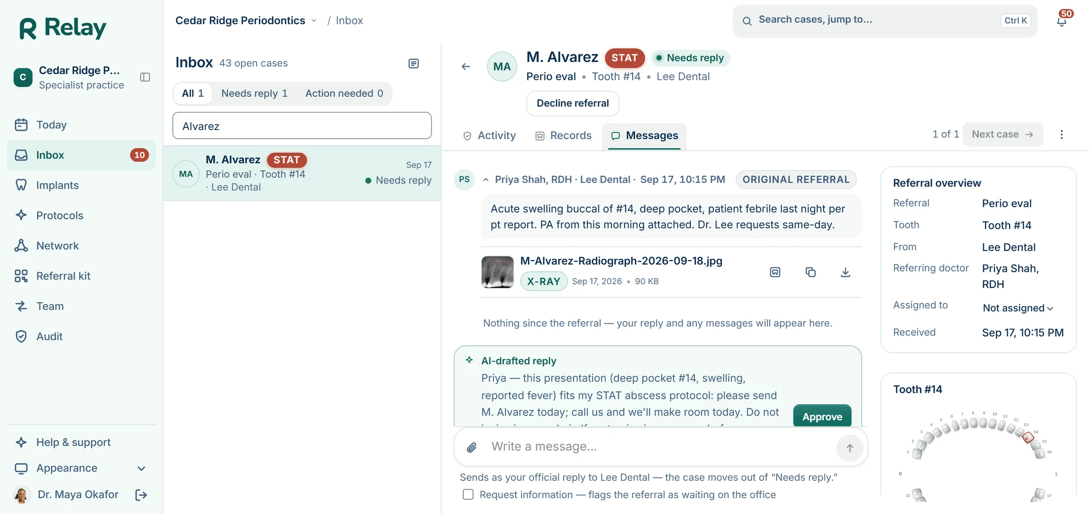Relay synthetic demo showing an original referral from Lee Dental to Cedar Ridge Periodontics, with its note and referral overview.